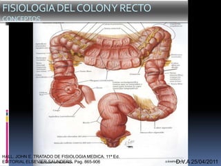 D.V.A 25/04/2011
FISIOLOGIADELCOLONYRECTO
CONCEPTOS
HALL. JOHN E. TRATADO DE FISIOLOGIA MEDICA. 11ª Ed.
EDITORIAL ELSEVIER SAUNDERS. Pag. 865-906
 