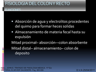  Absorción de agua y electrolitos procedentes
del quimo para formar heces solidas
 Almacenamiento de materia fecal hasta su
expulsión
Mitad proximal– absorción—colon absorbente
Mitad distal– almacenamiento– colon de
deposito
D.V.A 25/04/2011
FISIOLOGIADELCOLONYRECTO
FUNCIONES
HALL. JOHN E. TRATADO DE FISIOLOGIA MEDICA. 11ª Ed.
EDITORIAL ELSEVIER SAUNDERS. Pag. 865-906
 