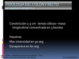 Constricción 2.5 cm tenias cólicas– masa
longitudinal concentrada en 3 bandas
Haustras
Max intensidad en 30 seg
Desaparece en 60 seg
D.V.A 25/04/2011
FISIOLOGIADELCOLONYRECTO
MOVIMIENTOSDEMEZCLA
HALL. JOHN E. TRATADO DE FISIOLOGIA MEDICA. 11ª Ed.
EDITORIAL ELSEVIER SAUNDERS. Pag. 865-906
 