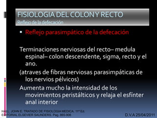  Reflejo parasimpático de la defecación
Terminaciones nerviosas del recto– medula
espinal– colon descendente, sigma, recto y el
ano.
(atraves de fibras nerviosas parasimpáticas de
los nervios pélvicos)
Aumenta mucho la intensidad de los
movimientos peristálticos y relaja el esfínter
anal interior
D.V.A 25/04/2011
FISIOLOGIADELCOLONYRECTO
Reflejodeladefecación
HALL. JOHN E. TRATADO DE FISIOLOGIA MEDICA. 11ª Ed.
EDITORIAL ELSEVIER SAUNDERS. Pag. 865-906
 
