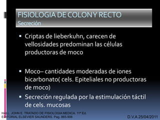 FISIOLOGIADECOLONYRECTO
Secreción
 Criptas de lieberkuhn, carecen de
vellosidades predominan las células
productoras de moco
 Moco– cantidades moderadas de iones
bicarbonato( cels. Epiteliales no productoras
de moco)
 Secreción regulada por la estimulación táctil
de cels. mucosas
D.V.A 25/04/2011
HALL. JOHN E. TRATADO DE FISIOLOGIA MEDICA. 11ª Ed.
EDITORIAL ELSEVIER SAUNDERS. Pag. 865-906
 