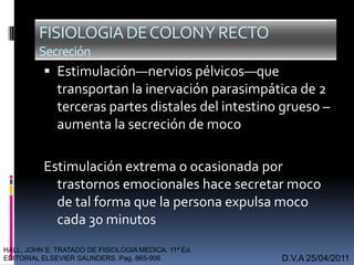  Estimulación—nervios pélvicos—que
transportan la inervación parasimpática de 2
terceras partes distales del intestino grueso –
aumenta la secreción de moco
Estimulación extrema o ocasionada por
trastornos emocionales hace secretar moco
de tal forma que la persona expulsa moco
cada 30 minutos
D.V.A 25/04/2011
FISIOLOGIADECOLONYRECTO
Secreción
HALL. JOHN E. TRATADO DE FISIOLOGIA MEDICA. 11ª Ed.
EDITORIAL ELSEVIER SAUNDERS. Pag. 865-906
 
