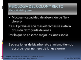  Mucosa.- capacidad de absorción de Na y
cloruro
Cels. Epiteliales son mas estrechas se evita la
difusión retrograda de iones
Por lo que se absorbe mejor los iones sodio
Secreta iones de bicarbonato al mismo tiempo
absorbe igual numero de iones cloruro
D.V.A 25/04/2011
FISIOLOGIADELCOLONYRECTO
Absorcióndeli.grueso
HALL. JOHN E. TRATADO DE FISIOLOGIA MEDICA. 11ª Ed.
EDITORIAL ELSEVIER SAUNDERS. Pag. 865-906
 