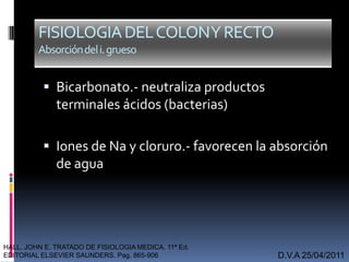  Bicarbonato.- neutraliza productos
terminales ácidos (bacterias)
 Iones de Na y cloruro.- favorecen la absorción
de agua
D.V.A 25/04/2011
FISIOLOGIADELCOLONYRECTO
Absorcióndeli.grueso
HALL. JOHN E. TRATADO DE FISIOLOGIA MEDICA. 11ª Ed.
EDITORIAL ELSEVIER SAUNDERS. Pag. 865-906
 