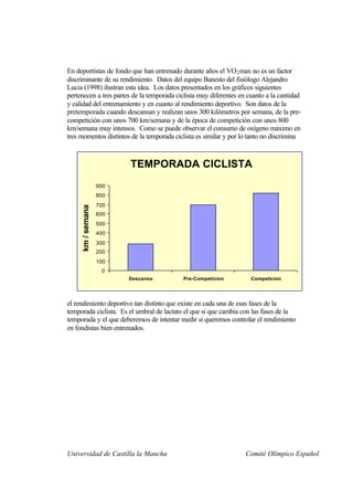 En deportistas de fondo que han entrenado durante años el VO 2 max no es un factor
discriminante de su rendimiento. Datos del equipo Banesto del fisiólogo Alejandro
Lucia (1998) ilustran esta idea. Los datos presentados en los gráficos siguientes
pertenecen a tres partes de la temporada ciclista muy diferentes en cuanto a la cantidad
y calidad del entrenamiento y en cuanto al rendimiento deportivo. Son datos de la
pretemporada cuando descansan y realizan unos 300 kilómetros por semana, de la pre-
competición con unos 700 km/semana y de la época de competición con unos 800
km/semana muy intensos. Como se puede observar el consumo de oxígeno máximo en
tres momentos distintos de la temporada ciclista es similar y por lo tanto no discrimina



                         TEMPORADA CICLISTA
                   900
                   800
                   700
     km / semana




                   600
                   500
                   400
                   300
                   200
                   100
                    0
                         Descanso          Pre-Competicion           Competicion




el rendimiento deportivo tan distinto que existe en cada una de esas fases de la
temporada ciclista. Es el umbral de lactato el que si que cambia con las fases de la
temporada y el que deberemos de intentar medir si queremos controlar el rendimiento
en fondistas bien entrenados.




Universidad de Castilla la Mancha                                  Comité Olímpico Español
 