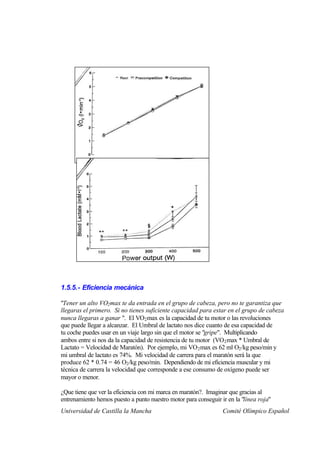 1.5.5.- Eficiencia mecánica

"Tener un alto VO2 max te da entrada en el grupo de cabeza, pero no te garantiza que
llegaras el primero. Si no tienes suficiente capacidad para estar en el grupo de cabeza
nunca llegaras a ganar ". El VO2 max es la capacidad de tu motor o las revoluciones
que puede llegar a alcanzar. El Umbral de lactato nos dice cuanto de esa capacidad de
tu coche puedes usar en un viaje largo sin que el motor se "gripe". Multiplicando
ambos entre si nos da la capacidad de resistencia de tu motor (VO 2 max * Umbral de
Lactato = Velocidad de Maratón). Por ejemplo, mi VO 2 max es 62 ml O2 /kg peso/min y
mi umbral de lactato es 74%. Mi velocidad de carrera para el maratón será la que
produce 62 * 0.74 = 46 O2 /kg peso/min. Dependiendo de mi eficiencia muscular y mi
técnica de carrera la velocidad que corresponde a ese consumo de oxígeno puede ser
mayor o menor.

¿Que tiene que ver la eficiencia con mi marca en maratón?. Imaginar que gracias al
entrenamiento hemos puesto a punto nuestro motor para conseguir ir en la "línea roja"
Universidad de Castilla la Mancha                                Comité Olímpico Español
 
