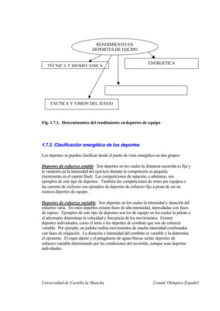 RENDIMIENTO EN
                              DEPORTES DE EQUIPO


                                                                ENERGETICA
   TÉCNICA Y BIOMECANICA




     TÁCTICA Y VISION DEL JUEGO



Fig. 1.7.1. Determinantes del rendimiento en deportes de equipo




1.7.2. Clasificación energética de los deportes

Los deportes se pueden clasificar desde el punto de vista energético en dos grupos:

Deportes de esfuerzo estable. Son deportes en los cuales la distancia recorrida es fija y
la variación en la intensidad del ejercicio durante la competición es pequeña
(incrementa en el esprint final). Las competiciones de natación, o atletismo, son
ejemplos de este tipo de deportes. También las competiciones de remo por equipos o
las carreras de ciclismo son ejemplos de deportes de esfuerzo fijo a pesar de ser en
esencia deportes de equipo.

Deportes de esfuerzo variable. Son deportes en los cuales la intensidad y duración del
esfuerzo varia. En estos deportes existen fases de alta intensidad, intercaladas con fases
de reposo. Ejemplos de este tipo de deportes son los de equipo en los cuales la pelota o
el adversario determinan la velocidad y frecuencia de los movimientos. Existen
deportes individuales, como el tenis o los deportes de combate que son de esfuerzo
variable. Por ejemplo, un judoka realiza movimientos de mucha intensidad combinados
con fases de relajación. La duración e intensidad del combate es variable y la determina
el oponente. El esquí alpino y el piragüismo de aguas bravas serían deportes de
esfuerzo variable determinado por las condiciones del recorrido, aunque sean deportes
individuales.




Universidad de Castilla la Mancha                                  Comité Olímpico Español
 