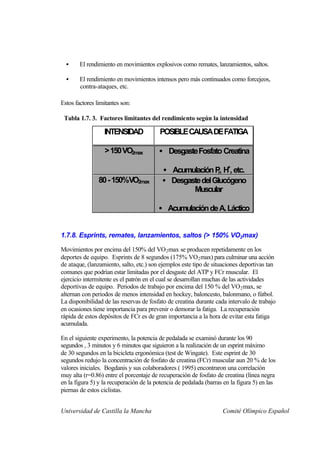 •     El rendimiento en movimientos explosivos como remates, lanzamientos, saltos.

  •     El rendimiento en movimientos intensos pero más continuados como forcejeos,
        contra-ataques, etc.

Estos factores limitantes son:

 Tabla 1.7. 3. Factores limitantes del rendimiento según la intensidad

                  INTENSIDAD             POSIBLE CAUSA DE FATIGA

                  > 150 VO2max           • Desgaste Fosfato Creatina

                                          • Acumulación P, H+, etc.
                                                           i
                80 - 150%VO2max           • Desgaste del Glucógeno
                                                  Muscular

                                         • Acumulación de A. Láctico


1.7.8. Esprints, remates, lanzamientos, saltos (> 150% VO2max)

Movimientos por encima del 150% del VO 2 max se producen repetidamente en los
deportes de equipo. Esprints de 8 segundos (175% VO 2 max) para culminar una acción
de ataque, (lanzamiento, salto, etc.) son ejemplos este tipo de situaciones deportivas tan
comunes que podrían estar limitadas por el desgaste del ATP y FCr muscular. El
ejercicio intermitente es el patrón en el cual se desarrollan muchas de las actividades
deportivas de equipo. Periodos de trabajo por encima del 150 % del VO 2 max, se
alternan con periodos de menos intensidad en hockey, baloncesto, balonmano, o fútbol.
La disponibilidad de las reservas de fosfato de creatina durante cada intervalo de trabajo
en ocasiones tiene importancia para prevenir o demorar la fatiga. La recuperación
rápida de estos depósitos de FCr es de gran importancia a la hora de evitar esta fatiga
acumulada.

En el siguiente experimento, la potencia de pedalada se examinó durante los 90
segundos , 3 minutos y 6 minutos que siguieron a la realización de un esprint máximo
de 30 segundos en la bicicleta ergonómica (test de Wingate). Este esprint de 30
segundos redujo la concentración de fosfato de creatina (FCr) muscular aun 20 % de los
valores iniciales. Bogdanis y sus colaboradores ( 1995) encontraron una correlación
muy alta (r=0.86) entre el porcentaje de recuperación de fosfato de creatina (línea negra
en la figura 5) y la recuperación de la potencia de pedalada (barras en la figura 5) en las
piernas de estos ciclistas.


Universidad de Castilla la Mancha                                   Comité Olímpico Español
 
