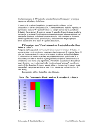 En el entrenamiento de 400 metros las series duraban unos 60 segundos y la fuente de
energía mas utilizada era el glicógeno.

El producto de la utilización rápida del glucógeno es el ácido láctico, y como
consecuencia se observa esta acumulación. Contrariamente a las creencias populares, el
ejercicio mas intenso (100 y 200 metros lisos) no siempre implica mayor acumulación
de lactato. Sería después de series de mas de 40 segundos de ejerció donde se debería
recomendar la recuperación activa y otras estrategias (masajes, baños de contraste, etc.)
para ayudar al músculo a eliminar el lactato acumulado. Adicionalmente, si deseamos
entrenar y potenciar el sistema glicolitíco (uso y almacenamiento del glicógeno) se
deben realizar series de al menos 4º segundos de duración.

      2° Concepto erróneo; "Con el entrenamiento de potencia la producción de
lactato se reduce".
Aunque es cierto que con el entrenamiento de resistencia el acúmulo de lactato en
sangre se reduce, esto no siempre sucede con el entrenamiento de potencia-fuerza. Es
más, con el entrenamiento de potencia se incrementa la máxima producción de lactato.
El entrenamiento de resistencia produce adaptaciones musculares (proliferación de la
mitocondria) con el fin de preservar el glucógeno muscular para las últimas fases de la
competición, como pueda ser el esprint final. Por lo tanto, la acumulación de lactato en
sangre disminuye con el entreno de fondo. Los deportista de "potencia", como lo son
muchos de los deportistas de equipo, necesita utilizar el glucógeno de forma muy rápida
para producir energía que necesitan en las acciones intensas que realizan (esprines de
unos 40 seg).
      Los siguientes gráficos ilustran bien estas diferencias.

 Figura 1.7.6. Consecuencias del entre namiento de potencia o de resistencia
 % Reducion en Acido Lactico (submaxima)




                                            0%

                                           -5%

                                           -10%

                                           -15%

                                           -20%

                                           -25%

                                           -30%

                                           -35%

                                           -40%
                                                  potencia
                                           -45%
                                                  resistencia
                                           -50%




Universidad de Castilla la Mancha                                 Comité Olímpico Español
 