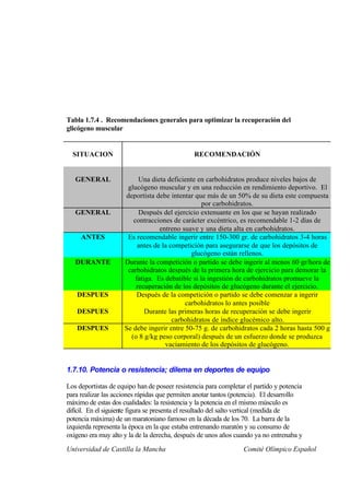 Tabla 1.7.4 . Recomendaciones generales para optimizar la recuperación del
glicógeno muscular


  SITUACION                                    RECOMENDACIÓN


   GENERAL                Una dieta deficiente en carbohidratos produce niveles bajos de
                      glucógeno muscular y en una reducción en rendimiento deportivo. El
                     deportista debe intentar que más de un 50% de su dieta este compuesta
                                                  por carbohidratos.
   GENERAL                Después del ejercicio extenuante en los que se hayan realizado
                        contracciones de carácter excéntrico, es recomendable 1-2 días de
                                  entreno suave y una dieta alta en carbohidratos.
     ANTES            Es recomendable ingerir entre 150-300 gr. de carbohidratos 3-4 horas
                          antes de la competición para asegurarse de que los depósitos de
                                             glucógeno están rellenos.
   DURANTE           Durante la competición o partido se debe ingerir al menos 60 gr/hora de
                      carbohidratos después de la primera hora de ejercicio para demorar la
                         fatiga. Es debatible si la ingestión de carbohidratos promueve la
                         recuperación de los depósitos de glucógeno durante el ejercicio.
   DESPUES                Después de la competición o partido se debe comenzar a ingerir
                                           carbohidratos lo antes posible
   DESPUES                   Durante las primeras horas de recuperación se debe ingerir
                                       carbohidratos de índice glucémico alto.
   DESPUES           Se debe ingerir entre 50-75 g. de carbohidratos cada 2 horas hasta 500 g
                       (o 8 g/kg peso corporal) después de un esfuerzo donde se produzca
                                    vaciamiento de los depósitos de glucógeno.


1.7.10. Potencia o resistencia; dilema en deportes de equipo

Los deportistas de equipo han de poseer resistencia para completar el partido y potencia
para realizar las acciones rápidas que permiten anotar tantos (potencia). El desarrollo
máximo de estas dos cualidades: la resistencia y la potencia en el mismo músculo es
difícil. En el siguiente figura se presenta el resultado del salto vertical (medida de
potencia máxima) de un maratoniano famoso en la década de los 70. La barra de la
izquierda representa la época en la que estaba entrenando maratón y su consumo de
oxígeno era muy alto y la de la derecha, después de unos años cuando ya no entrenaba y

Universidad de Castilla la Mancha                                 Comité Olímpico Español
 