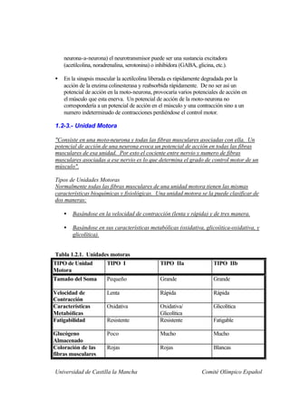 neurona-a-neurona) el neurotransmisor puede ser una sustancia excitadora
    (acetilcolina, noradrenalina, serotonina) o inhibidora (GABA, glicina, etc.).

•   En la sinapsis muscular la acetilcolina liberada es rápidamente degradada por la
    acción de la enzima colinesterasa y reabsorbida rápidamente. De no ser así un
    potencial de acción en la moto-neurona, provocaría varios potenciales de acción en
    el músculo que esta enerva. Un potencial de acción de la moto-neurona no
    correspondería a un potencial de acción en el músculo y una contracción sino a un
    numero indeterminado de contracciones perdiéndose el control motor.

1.2-3.- Unidad Motora

"Consiste en una moto-neurona y todas las fibras musculares asociadas con ella. Un
potencial de acción de una neurona evoca un potencial de acción en todas las fibras
musculares de esa unidad. Por esto el cociente entre nervio y numero de fibras
musculares asociadas a ese nervio es lo que determina el grado de control motor de un
músculo".

Tipos de Unidades Motoras
Normalmente todas las fibras musculares de una unidad motora tienen las mismas
características bioquímicas y fisiológicas. Una unidad motora se la puede clasificar de
dos maneras:

    •   Basándose en la velocidad de contracción (lenta y rápida) y de tres manera.

    •   Basándose en sus características metabólicas (oxidativa, glicoíitica-oxidativa, y
        glicolítica).


Tabla 1.2.1. Unidades motoras
TIPO de Unidad      TIPO I                       TIPO IIa                 TIPO IIb
Motora
Tamaño del Soma     Pequeño                      Grande                   Grande

Velocidad de            Lenta                    Rápida                   Rápida
Contracción
Características         Oxidativa                Oxidativa/               Glicolítica
Metabólicas                                      Glicolítica
Fatigabilidad           Resistente               Resistente               Fatigable

Glucógeno               Poco                     Mucho                    Mucho
Almacenado
Coloración de las       Rojas                    Rojas                    Blancas
fibras musculares


Universidad de Castilla la Mancha                                    Comité Olímpico Español
 