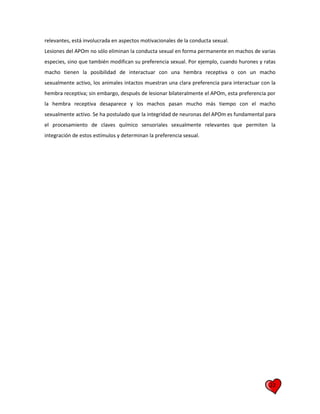 22
relevantes, está involucrada en aspectos motivacionales de la conducta sexual.
Lesiones del APOm no sólo eliminan la conducta sexual en forma permanente en machos de varias
especies, sino que también modifican su preferencia sexual. Por ejemplo, cuando hurones y ratas
macho tienen la posibilidad de interactuar con una hembra receptiva o con un macho
sexualmente activo, los animales intactos muestran una clara preferencia para interactuar con la
hembra receptiva; sin embargo, después de lesionar bilateralmente el APOm, esta preferencia por
la hembra receptiva desaparece y los machos pasan mucho más tiempo con el macho
sexualmente activo. Se ha postulado que la integridad de neuronas del APOm es fundamental para
el procesamiento de claves químico sensoriales sexualmente relevantes que permiten la
integración de estos estímulos y determinan la preferencia sexual.
 