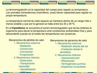 La termorregulación es la capacidad del cuerpo para regular su temperatura.
Los animales homeotermos (mamíferos, aves) tienen capacidad para regular su
propia temperatura.
La temperatura normal de cada especie se mantiene dentro de un rango más o
menos estable y que por lo general se halla entre los 34 y 39 ºC.
En el hipotálamo se encuentra el centro termorregulador que da las órdenes al
organismo para elevar la temperatura ante condiciones ambientales frías y para
descenderla cuando en el medio las temperaturas son excesivas.
Mecanismos de pérdida de calor
1. Mecanismos externos
- Radiación
- Conducción
- Convección
- Evaporación
2. Mecanismos internos
- Sudoración
- Transpiración
insensible
- Vasodilatación
Mecanismos de ganancia de calor
1. Mecanismos externos
- Radiación directa del sol
- Irradiación desde la
atmósfera
2. Mecanismos internos
- Vasoconstricción
- Piloerección
- Termogénesis química
- Espasmos musculares
 