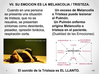 24
VII. SU EMOCION ES LA MELANCOLIA / TRISTEZA.
Cuando en una personaCuando en una persona
se presenta una situaciónse presenta una situación
de tristeza, que no sede tristeza, que no se
resuelve, se presentanresuelve, se presentan
síntomas como desinterés,síntomas como desinterés,
pesadez, opresión torácica,pesadez, opresión torácica,
respiración corta.respiración corta.
Un exceso de Melancolía
o Tristeza puede lesionar
al Pulmón.
Un Pulmón enfermo
origina Melancolía o
tristeza en el paciente.
(Dualidad de las Emociones)
El sonido de la Tristeza es EL LLANTO.
 