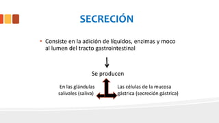SECRECIÓN
• Consiste en la adición de líquidos, enzimas y moco
al lumen del tracto gastrointestinal
Se producen
En las glándulas
salivales (saliva)
Las células de la mucosa
gástrica (secreción gástrica)
 