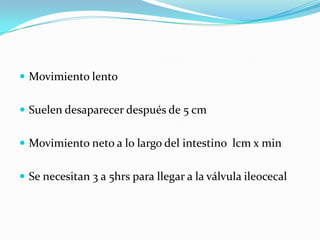  Movimiento lento
 Suelen desaparecer después de 5 cm
 Movimiento neto a lo largo del intestino lcm x min
 Se necesitan 3 a 5hrs para llegar a la válvula ileocecal
 