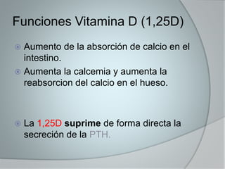 Funciones Vitamina D (1,25D) 
 Aumento de la absorción de calcio en el 
intestino. 
 Aumenta la calcemia y aumenta la 
reabsorcion del calcio en el hueso. 
 La 1,25D suprime de forma directa la 
secreción de la PTH. 
 