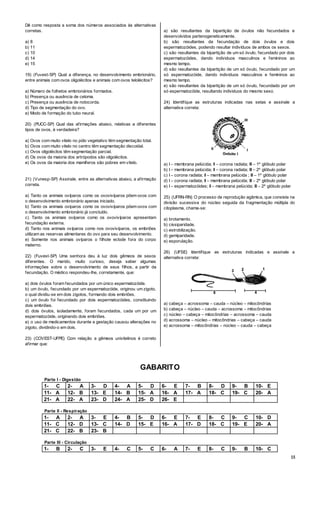 15
Dê como resposta a soma dos números associados às alternativas
corretas.
a) 8
b) 11
c) 10
d) 14
e) 15
19) (Fuvest-SP) Qual a diferença, no desenvolvimento embrionário,
entre animais com ovos oligolécitos e animais com ovos telolécitos?
a) Número de folhetos embrionários formados.
b) Presença ou ausência de celoma.
c) Presença ou ausência de notocorda.
d) Tipo de segmentação do ovo.
e) Modo de formação do tubo neural.
20) (PUCC-SP) Qual das afirmações abaixo, relativas a diferentes
tipos de ovos, é verdadeira?
a) Ovos com muito vitelo no pólo vegetativo têm segmentação total.
b) Ovos com muito vitelo no centro têm segmentação discoidal.
c) Ovos oligolécitos têm segmentação parcial.
d) Os ovos da maioria dos artrópodos são oligolécitos.
e) Os ovos da maioria dos mamíferos são pobres em vitelo.
21) (Vunesp-SP) Assinale, entre as alternativas abaixo, a afirmação
correta.
a) Tanto os animais ovíparos como os ovovivíparos põem ovos com
o desenvolvimento embrionário apenas iniciado.
b) Tanto os animais oviparos como os ovovivíparos põem ovos com
o desenvolvimento embrionário já concluído.
c) Tanto os animais ovíparos como os ovovivíparos apresentam
fecundação externa.
d) Tanto nos animais ovíparos como nos ovovivíparos, os embriões
utilizam as reservas alimentares do ovo para seu desenvolvimento.
e) Somente nos animais ovíparos o filhote eclode fora do corpo
materno.
22) (Fuvest-SP) Uma senhora deu à luz dois gêmeos de sexos
diferentes. O marido, muito curioso, deseja saber algumas
informações sobre o desenvolvimento de seus filhos, a partir da
fecundação. O médico respondeu-lhe, corretamente, que:
a) dois óvulos foram fecundados por um único espermatozóide.
b) um óvulo, fecundado por um espermatozóide, originou um zigoto,
o qual dividiu-se em dois zigotos, formando dois embriões.
c) um óvulo foi fecundado por dois espermatozóides, constituindo
dois embriões.
d) dois óvulos, isoladamente, foram fecundados, cada um por um
espermatozóide, originando dois embriões.
e) o uso de medicamentos durante a gestação causou alterações no
zigoto, dividindo-o em dois.
23) (COVEST-UFPE) Com relação a gêmeos univitelinos é correto
afirmar que:
a) são resultantes da bipartição de óvulos não fecundados e
desenvolvidos partenogeneticamente.
b) são resultantes da fecundação de dois óvulos e dois
espermatozóides, podendo resultar indivíduos de ambos os sexos.
c) são resultantes da bipartição de um só óvulo, fecundado por dois
espermatozóides, dando individuos masculinos e femininos ao
mesmo tempo.
d) são resultantes da bipartição de um só óvulo, fecundado por um
só espermatozóide, dando individuos masculinos e femininos ao
mesmo tempo.
e) são resultantes da bipartição de um só óvulo, fecundado por um
só espermatozóide, resultando individuos do mesmo sexo.
24) Identifique as estruturas indicadas nas setas e assinale a
alternativa correta:
a) I – membrana pelúcida; II – corona radiata; III – 1º glóbulo polar
b) I – membrana pelúcida; II – corona radiata; III – 2º glóbulo polar
c) I – corona radiata; II – membrana pelúcida ; III – 1º glóbulo polar
d) I – corona radiata; II – membrana pelúcida; III – 2º glóbulo polar
e) I – espermatozóides; II – membrana pelúcida; III – 2º glóbulo polar
25) (UFRN-RN) O processo de reprodução agâmica, que consiste na
divisão sucessiva do núcleo seguida da fragmentação múltipla do
citoplasma, chama-se:
a) brotamento.
b) cissiparidade.
c) estrobilização.
d) gemiparidade.
e) esporulação.
26) (UFSE) Identifique as estruturas indicadas e assinale a
alternativa correta:
a) cabeça – acrossoma – cauda – núcleo – mitocôndrias
b) cabeça – núcleo – cauda – acrossoma – mitocôndrias
c) núcleo – cabeça – mitocôndrias – acrossoma – cauda
d) acrossoma – núcleo – mitocôndrias – cabeça – cauda
e) acrossoma – mitocôndrias – núcleo – cauda – cabeça
GABARITO
Parte I - Digestão
1- C 2- A 3- D 4- A 5- D 6- E 7- B 8- D 9- B 10- E
11- A 12- B 13- E 14- B 15- A 16- A 17- A 18- C 19- C 20- A
21- A 22- A 23- D 24- A 25- D 26- E
Parte II - Respiração
1- A 2- A 3- E 4- B 5- D 6- E 7- E 8- C 9- C 10- D
11- C 12- D 13- C 14- D 15- E 16- A 17- D 18- C 19- E 20- A
21- C 22- B 23- B
Parte III - Circulação
1- B 2- C 3- E 4- C 5- C 6- A 7- E 8- C 9- B 10- C
 