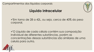 Compartimentos dos líquidos corporais 
Líquido intracelular 
Em torno de 28 a 42L, ou seja, cerca de 40% do peso 
corporal. 
O Líquido de cada célula contém sua composição 
individual de diferentes substâncias, porém as 
concentrações dessas substâncias são similares de uma 
celula para outra. 
 