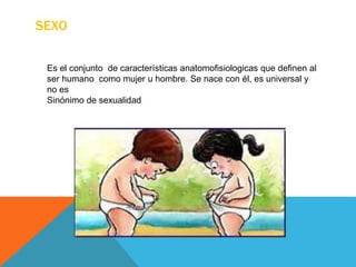 SEXO
Es el conjunto de características anatomofisiologicas que definen al
ser humano como mujer u hombre. Se nace con él, es universal y
no es
Sinónimo de sexualidad
 