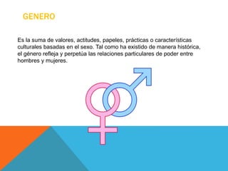 GENERO
Es la suma de valores, actitudes, papeles, prácticas o características
culturales basadas en el sexo. Tal como ha existido de manera histórica,
el género refleja y perpetúa las relaciones particulares de poder entre
hombres y mujeres.
 