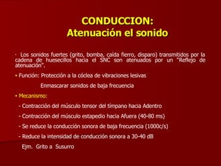 CONDUCCION: Atenuación el sonido Los sonidos fuertes (grito, bomba, caída fierro, disparo) transmitidos por la  cadena de huesecillos hacia el SNC son atenuados por un “Reflejo de  atenuación”. Función: Protección a la cóclea de vibraciones lesivas Enmascarar sonidos de baja frecuencia Mecanismo: - Contracción del músculo tensor del tímpano hacia Adentro - Contracción del músculo estapedio hacia Afuera (40-80 ms) - Se reduce la conducción sonora de baja frecuencia (1000c/s) - Reduce la intensidad de conducción sonora a 30-40 dB Ejm.  Grito a  Susurro  