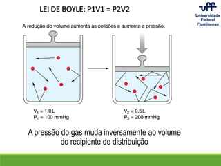 LEI DE BOYLE: P1V1 = P2V2
A pressão do gás muda inversamente ao volume
do recipiente de distribuição
 