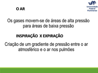 O AR
Os gases movem-se de áreas de alta pressão
para áreas de baixa pressão
INSPIRAÇÃO X EXPIRAÇÃO
Criação de um gradiente de pressão entre o ar
atmosférico e o ar nos pulmões
 