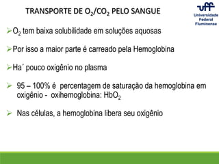 O2 tem baixa solubilidade em soluções aquosas
Por isso a maior parte é carreado pela Hemoglobina
Ha´ pouco oxigênio no plasma
 95 – 100% é percentagem de saturação da hemoglobina em
oxigênio - oxihemoglobina: HbO2
 Nas células, a hemoglobina libera seu oxigênio
TRANSPORTE DE O2/CO2 PELO SANGUE
 