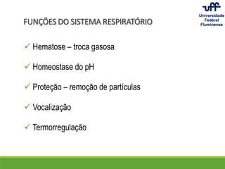 FUNÇÕES DO SISTEMA RESPIRATÓRIO
 Hematose – troca gasosa
 Homeostase do pH
 Proteção – remoção de partículas
 Vocalização
 Termorregulação
 
