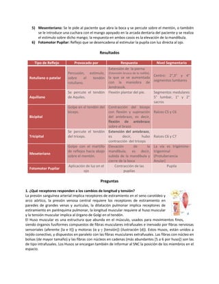 5) Mesenteriano: Se le pide al paciente que abra la boca y se percute sobre el mentón, o también
se le introduce una cuchara con el mango apoyado en la arcada dentaria del paciente y se realiza
el estimulo sobre dicho mango; la respuesta en ambos casos es la elevación de la mandíbula.
6) Fotomotor Pupilar: Reflejo que se desencadena al estimular la pupila con luz directa al ojo.
Resultados
Tipo de Reflejo Provocado por Respuesta Nivel Segmentario
Rotuliano o patelar
Percusión, estimulo,
sobre el tendón
rotuliano.
Extensión de la pierna
(Extensión brusca de la rodilla),
la que se ve aumentada
con la maniobra de
Jendrassik.
Centro: 2°,3° y 4°
segmentos lumbares
Aquiliano
Se percute el tendón
de Aquiles.
Flexión plantar del pie. Segmentos medulares
5° lumbar, 1° y 2°
sacros
Bicipital
Golpe en el tendón del
bíceps.
Contracción del bíceps
con flexión y supinación
del antebrazo, es decir,
flexión de antebrazo
sobre el brazo
Raíces C5 y C6
Tricipital
Se percute el tendón
del tríceps.
Extensión del antebrazo,
es decir, hubo
contracción del tríceps
Raíces C6 y C7
Meseteriano
Golpe con el martillo
de reflejos hacia abajo
sobre el mentón.
Elevación de la
mandíbula, es decir,
subida de la mandíbula y
cierre de la boca
La vía es trigémino-
trigeminal
(Protuberancia
Anular)
Fotomotor Pupilar
Aplicación de luz en el
ojo
Contracción de las
pupilas
Pupila
Preguntas
1. ¿Qué receptores responden a los cambios de longitud y tensión?
La presión sanguínea arterial implica receptores de estiramiento en el seno carotídeo y
arco aórtico, la presión venosa central requiere los receptores de estiramiento en
paredes de grandes venas y aurículas, la dilatación pulmonar implica receptores de
estiramiento en parénquima pulmonar, la longitud muscular requiere al huso muscular
y la tensión muscular implica al órgano de Golgi en el tendón.
El Huso muscular es una estructura que abunda en el músculo, usados para movimientos finos,
siendo órganos fusiformes compuestos de fibras musculares intrafusales e inervado por fibras nerviosas
sensoriales (aferente [Ia e II]) y motoras (α y  [tensión]) (ilustración (d)). Estos Husos, están unidos a
tejido conectivo, y dispuestos en paralelo con las fibras musculares extrafusales. Las fibras con núcleo en
bolsas (de mayor tamaño) y las fibras con núcleos en cadenas (más abundantes [5 a 6 por huso]) son las
de tipo intrafusales. Los Husos se encargan también de informar al SNC la posición de los miembros en el
espacio.
d
 