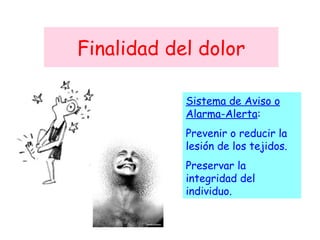 Finalidad del dolor Sistema de Aviso o Alarma-Alerta : Prevenir o reducir la lesión de los tejidos. Preservar la integridad del individuo. 