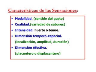 Características de las Sensaciones : Modalidad.  (sentido del gusto) Cualidad. (variedad de sabores) Intensidad:  Fuerte o tenue. Dimensión temporo-espacial. (localización, amplitud, duración) Dimensión Afectiva. (placentero o displacentero) 