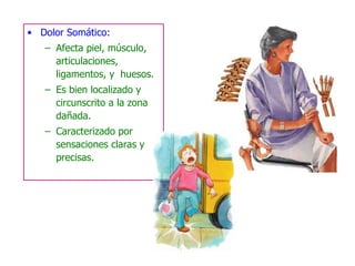 Dolor Somático: Afecta piel, músculo, articulaciones, ligamentos, y  huesos. Es bien localizado y circunscrito a la zona dañada. Caracterizado por sensaciones claras y precisas. 