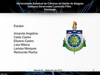 Equipe:
Amanda Angelina
Carla Castro
Elizane Castro
Lara Milena
Larissa Marques
Raimundo Rocha
Maceió-AL, Setembro de 2013
Universidade Estadual de Ciências da Saúde de Alagoas
Campus Governador Lamenha Filho
Fisiologia
2
 