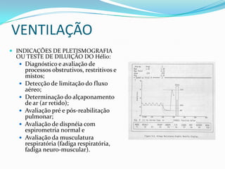 VENTILAÇÃOINDICAÇÕES DE PLETISMOGRAFIA OU TESTE DE DILUIÇÃO DO Hélio:Diagnóstico e avaliação de processos obstrutivos, restritivos e mistos; Detecção de limitação do fluxo aéreo; Determinação do alçaponamento de ar (ar retido); Avaliação pré e pós-reabilitação pulmonar; Avaliação de dispnéia com espirometria normal e Avaliação da musculatura respiratória (fadiga respiratória, fadiga neuro-muscular). 