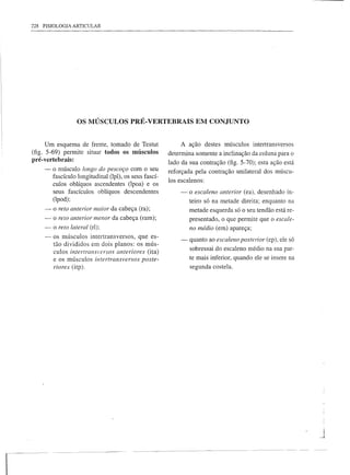 228 FISIOLOGIA ARTICULAR




                 OS MÚSCULOS PRÉ-VERTEBRAIS EM CONJUNTO


      Um esquema de frente, tomado de Testut              A ação destes músculos intertransversos
(fig. 5-69) permite situar todos os músculos         determina somente a inclinação da coluna para o
pré-vertebrais:                                      lado da sua contração (fig. 5-70); esta ação está
    - o músculo longo do pescoço com o seu           reforçada pela contração unilateral dos múscu-
      fascículo longitudinal (lpl), os seus fascí-   los escalenos:
      culos oblíquos ascendentes (lpoa) e os
      seus fascículos oblíquos descendentes              -    o escaleno anterior (ea), desenhado in-
      (lpod);                                                 teiro só na metade direita; enquanto na
    - o reto anterior maior da cabeça (ra);                   metade esquerda só o seu tendão está re-
    -   o reto anterior menor da cabeça (ram);                presentado, o que permite que o escale-
    -   o reto lateral (rl);                                  no médio (em) apareça;
    -   os músculos intertransversos, que es-
                                                          -   quanto ao escaleno posterior (ep), ele só
        tão divididos em dois planos: os mús-
        culos intertransversos anteriores (ita)               sobressai do escaleno médio na sua par-
        e os músculos intertransversos poste-                 te mais inferior, quando ele se insere na
        riores (itp).                                         segunda costela.




                                                                                                          J
 