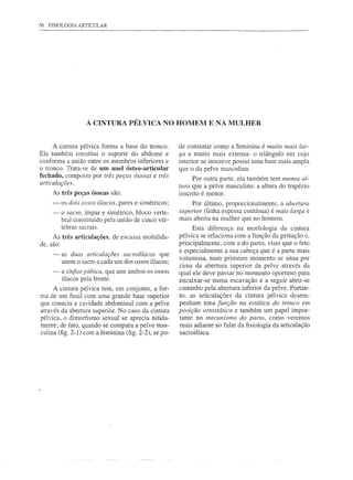56 FISIOLOGIA ARTICULAR




                  A CINTURA PÉLVICA NO HOMEM E NA MULHER


     A cintura pélvica forma a base do tronco.        de constatar cOmo a feminina é muito mais lar-
Ela também constitui o suporte do abdome e            ga e muito mais extensa: o triângulo em cujo
conforma a união entre os membros inferiores e        interior se inscreve possui uma base mais ampla
o tronco. Trata-se de um anel ósteo-articular         que o da pelve masculina.
fechado, composto por três peças ósseas e três              Por outra parte, ela também tem menos al-
QJ1iculações.
                                                      tura que a pelve masculina: a altura do trapézio
    As três peças ósseas são:                         inscrito é menor.
    -   os dois ossos ilíacos, pares e simétricos;         Por último, proporcionalmente, a abertura
    -   o sacro, ímpar e simétrico, bloco verte-      superior (linha espessa contínua) é mais larga e
        bral constituído pela união de cinco vér-     mais aberta na mulher que no homem.
        tebras sacrais.                                    Esta diferença na morfologia da cintura
     As três articulações, de escassa mobilida-       pélvica se relaciona com a função da gestação e,
de, são:                                              principalmente, com a do parto, visto que o feto
                                                      e especialmente a sua cabeça que é a parte mais
    -   as duas articulações sacroilíacas que
        unem o sacro a cada um dos ossos ilíacos;     volumosa, num primeiro momento se situa por
                                                      cima da abertura superior da pelve através da
    -   a sínfise pÚbica, que une ambos os ossos      qual ele deve passar no momento oportuno para
        ilíacos pela frente.                          encaixar-se numa escavação e a seguir abrir-se
     A cintura pélvica tem, em conjunto, a for-       caminho pela abertura inferior da pelve. Portan-
ma de um funil com uma grande base superior           to, as articulações da cintura pélvica desem-
que conecta a cavidade abdominal com a pelve          penham uma função na estática do tronco em
através da abertura superior. No caso da cintura      posição ortostática e também um papel impor-
pélvica, o dimorfismo sexual se aprecia nitida-       tante no mecanismo do parto, como veremos
mente; de fato, quando se compara a pelve mas-        mais adiante ao falar da fisiologia da articulação
culina (fig. 2-1) com a feminina (fig. 2-2), se po-   sacroilíaca.
 