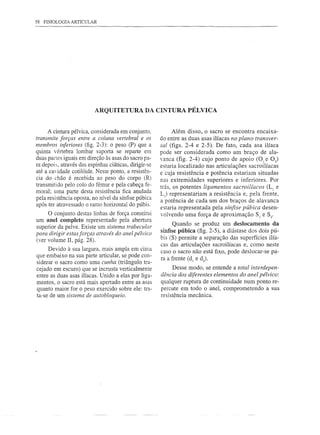 58 FISIOLOGIA ARTICULAR




                          ARQUITETURA DA CINTURA PÉLVICA


     A cintura pélvica, considerada em conjunto,             Além disso,. o sacro se encontra encaixa-
transmite forças entre a coluna vertebral e os         do entre as duas asas ilíacas no plano transver-
membros inferiores (fig. 2-3): o peso (P) que a        sal (figs. 2-4 e 2-5). De fato, cada asa ilíaca
quinta vértebra lombar suporta se reparte em           pode ser considerada como um braço de ala-
duas partes iguais em direção às asas do sacro pa-     "anca (fig. 2-4) cujo ponto de apoio (O) e 02)
ra depois, através das espinhas ciáticas, dirigir-se   estaria localizado nas articulações sacroilíacas
até a cavidade cotilóide. Neste ponto, a resistên-     e cuja resistência e potência estariam situadas
cia do chão é recebida ao peso do corpo (R)            nas extremidades superiores e inferiores. Por
transmitido pelo colo do fêmur e pela cabeça fe-       trás, os potentes ligamentos sacroilíacos (LI e
moral; uma parte desta resistência fica anulada
pela resistência oposta, no nível da sínfise púbica
                                                       L) representariam a resistência e, pela frente,
                                                       a potência de cada um dos braços de alavanca
após ter atravessado o ramo horizontal do púbis.
                                                       estaria representada pela sínfise pÚbica desen-
     °  conjunto destas linhas de força constitui      volvendo uma força de aproximação SI e S2'
um anel completo representado pela abertura
                                                             Quando se produz um deslocamento da
superior da pelve. Existe um sistema trabecular
                                                       sínfise púbica (fig. 2-5), a diástase dos dois pú-
para dirigir estas forças através do anel pélvico
(ver volume li, pág. 28).                              bis (S) permite a separação das superfícies ilía-
                                                       cas das articulações sacroilíacas e, como neste
     Devido à sua largura, mais ampla em cima          caso o sacro não está fixo, pode deslocar-se pa-
que embaixo na sua parte articular, se pode con-
                                                       ra a frente (d) e dJ
siderar o sacro como uma cunha (triângulo tra-
cejado em escuro) que se incrusta verticalmente              Desse modo, se entende a total interdepen-
entre as duas asas ilíacas. Unido a elas por liga-     dência dos diferentes elementos do anel pélvico:
mentos, o sacro está mais apertado entre as asas       qualquer ruptura de continuidade num ponto re-
quanto maior for o peso exercido sobre ele: tra-       percute em todo o anel, comprometendo a sua
ta-se de um sistema de autobloqueio.                   resistência mecânica.
 