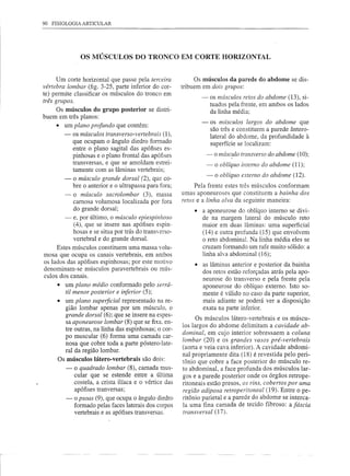 90   FISIOLOGIA   ARTICULAR




                  OS MÚSCULOS DO TRONCO EM CORTE HORIZONTAL


      Um corte horizontal que passe pela terceira              Os músculos da parede do abdome se dis-
vértebra lombar (fig. 3-25, parte inferior do cor-        tribuem em dois grupos:
te) permite classificar os músculos do tronco em
                                                                 - os músculos retos do abdome (13), si-
três grupos.
                                                                   tuados pela frente, em ambos os lados
    Os músculos do grupo posterior se distri-                      da linha média;
buem em três planos:
                                                                  - os músculos largos do abdome que
    • um plano profundo que contém:
                                                                    são três e constituem a parede ântero-
         -     os músculos transverso-vertebrais   (1),             lateral do abdome, da profundidade à
           que ocupam o ângulo diedro formado                       superfície se localizam:
           entre o plano sagital das apófises es-
           pinhosas e o plano frontal das apófises                  - o músculo transverso do abdome (10);
           transversas, e que se amoldam estrei-                    -   o oblíquo interno do abdome (11);
           tamente com as lâminas vertebrais;
                                                                    -   o oblíquo e:rterno do abdome (12).
        - o músculo grande dorsal (2), que co-
           bre o anterior e o ultrapassa para fora;            Pela frente estes três músculos conformam
        - o músculo sacrolombar (3), massa                umas aponeuroses que constituem a bainha dos
           carnosa volumosa localizada por fora           retos e a linha alva da seguinte maneira:
           do grande dorsal;                                  • a aponeurose do oblíquo interno se divi-
        - e, por último, o músculo epiespinhoso                 de na margem lateral do músculo reto
           (4), que se insere nas apófises espin-               maior em duas lâminas: uma superficial
           hosas e se situa por trás do transyerso-             (14) e outra profunda (15) que envolvem
           vertebral e do grande dorsal.                        o reto abdominal. Na linha média eles se
     Estes músculos constituem uma massa volu-                  cruzam formando um rafe muito sólido: a
mosa que ocupa os canais vertebrais, em ambos                   linha alva abdominal (16);
os lados das apófises espinhosas; por este motivo               • as lâminas anterior e posterior da bainha
denominam-se músculos paravertebrais ou mús-                      dos retos estão reforçadas atrás pela apo-
culos dos canais.
                                                                  neurose do transverso e pela frente pela
       • um plano médio conformado pelo serrá-                    aponeurose do oblíquo externo. Isto so-
          til menor posterior e inferior (5);                     mente é válido no caso da parte superior,
       • um plano superficial representado na re-                 mais adiante se poderá ver a disposição
         gião lombar apenas por um músculo, o                      exata na parte inferior.
         grande dorsal (6); que se insere na espes-             Os músculos látero-vertebrais e os múscu-
          sa aponeurose lombar (8) que se fixa, en-
                                                          los largos do abdome delimitam a cavidade ab-
         tre outras, na linha das espinhosas; o cor-
                                                          dominal, em cujo interior sobressaem a coluna
         po muscular (6) forma uma camada car-
                                                          lombar (20) e os grandes vasos pré-vertebrais
          nosa que cobre toda a parte póstero-Iate-
                                                          (aorta e veia cava inferior). A cavidade abdomi-
         ral da região lombar.
                                                          nal propriamente dita (18) é revestida pelo peri-
       Os músculos látero-vertebrais são dois:
                                                          tônio que cobre a face posterior do músculo re-
          - o quadrado lombar (8), camada mus-            to abdominal, a face profunda dos músculos lar-
            cular que se estende entre a última           gos e a parede posterior onde os órgãos retrope-
            costela, a crista ilíaca e o vértice das      ritoneais estão presos, os rins, cobertos por uma
            apófises tranversas;                          região adiposa retroperitoneal (19). Entre o pe-
          - o psoas (9), que ocupa o ângulo diedro        ritônio parietal e a parede do abdome se interca-
            formado pelas faces laterais dos corpos       la uma fina camada de tecido fibroso: a fáscia
            vertebrais e as apófises transversas.         transversal   (17).
 