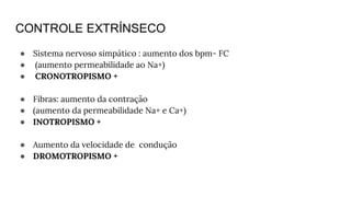 CONTROLE EXTRÍNSECO
● Sistema nervoso simpático : aumento dos bpm- FC
● (aumento permeabilidade ao Na+)
● CRONOTROPISMO +
● Fibras: aumento da contração
● (aumento da permeabilidade Na+ e Ca+)
● INOTROPISMO +
● Aumento da velocidade de condução
● DROMOTROPISMO +
 