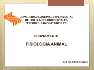 UNIVERSIDAD NACIONAL EXPERIMENTAL
DE LOS LLANOS OCCIDENTALES
“EZEQUIEL ZAMORA” UNELLEZ.
SUBPROYECTO
FISIOLOGIA ANIMAL
Med. Vet. Edmary Lozada
 
