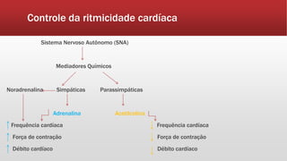 Controle da ritmicidade cardíaca
Sistema Nervoso Autônomo (SNA)
Mediadores Químicos
Noradrenalina Simpáticas Parassimpáticas
Adrenalina Acetilcolina
Frequência cardíaca Frequência cardíaca
Força de contração Força de contração
Débito cardíaco Débito cardíaco
 