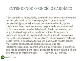 ENTENDENDO O SINCÍCIO CARDÍACO

“ Em cada disco intercalado, as membranas celulares se fundem
entre si, de modo a formarem junções “comunicantes”
permeáveis (gap junctions) que permitem a difusão, quase
totalmente livre, dos íons. Assim, do ponto de vista funcional,
os íons se movem com facilidade pelo fluido intracelular, ao
longo do eixo longitudinal das fibras miocárdicas, com os
potenciais de ação se propagando, facilmente, de uma célula
muscular cardíaca para a outra, através dos discos intercalados.
Desta forma, o miocárdio forma um sincício de muitas células
musculares cardíacas, no qual as células estão tão
interconectadas que, quando uma delas é excitada, o potencial
de ação se espalha para todas, propagando-se de célula a célula
pela treliça de interconexões.”      Guyton, 11° edição.
 