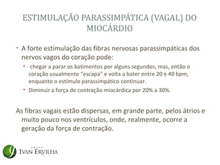 ESTIMULAÇÃO PARASSIMPÁTICA (VAGAL) DO
               MIOCÁRDIO

• A forte estimulação das fibras nervosas parassimpáticas dos
  nervos vagos do coração pode:
  • chegar a parar os batimentos por alguns segundos, mas, então o
    coração usualmente “escapa” e volta a bater entre 20 e 40 bpm,
    enquanto o estímulo parassimpático continuar.
  • Diminuir a força de contração miocárdica por 20% a 30%.


As fibras vagais estão dispersas, em grande parte, pelos átrios e
 muito pouco nos ventrículos, onde, realmente, ocorre a
 geração da força de contração.
 