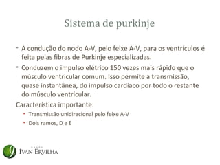 Sistema de purkinje

• A condução do nodo A-V, pelo feixe A-V, para os ventrículos é
  feita pelas fibras de Purkinje especializadas.
• Conduzem o impulso elétrico 150 vezes mais rápido que o
  músculo ventricular comum. Isso permite a transmissão,
  quase instantânea, do impulso cardíaco por todo o restante
  do músculo ventricular.
Característica importante:
  • Transmissão unidirecional pelo feixe A-V
  • Dois ramos, D e E
 
