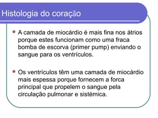 Histologia do coração
 A camada de miocárdio é mais fina nos átrios
porque estes funcionam como uma fraca
bomba de escorva (primer pump) enviando o
sangue para os ventrículos.
 Os ventrículos têm uma camada de miocárdio
mais espessa porque fornecem a forca
principal que propelem o sangue pela
circulação pulmonar e sistémica.
 