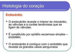 Histologia do coração
Endocárdio:
 O endocárdio reveste o interior do miocárdio,
as válvulas e a cordas tendinosas que se
ligam às válvulas.
 É constituído por epitélio escamoso simples –
endotélio.
 O endocárdio é contíguo com o endotélio que
reveste os grandes vasos sanguíneos
 