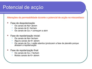 Potencial de acção
Alterações da permeabilidade durante o potencial de acção no miocardíaco:
 Fase de despolarização
 Os canais de Na+ abrem
 Os canais de K+ fecham
 Os canais de Ca 2+ começam a abrir
 Fase de repolarização inicial:
 Os canais de Na+ fecham
 Alguns canais de K+ abrem
 Os canais de Ca 2+ estão abertos (produzem a fase de planalto porque
atrasam a repolarização
 Fase de repolarização final:
 Os canais de Ca 2+ fecham
 Muitos canais de K+ abrem
 