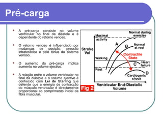 Pré-carga
 A pré-carga consiste no volume
ventricular no final da diástole e é
dependente do retorno venoso.
 O retorno venoso é influenciado por
mudanças de posição, pressão
intratorácica e pelo tónus do sistema
venoso.
 O aumento da pré-carga implica
aumento no volume ejectivo.
 A relação entre o volume ventricular no
final da diástole e o volume ejectivo é
conhecido com Lei de Starling que
defende que a energia de contracção
do músculo ventricular é directamente
proporcional ao comprimento inicial da
fibra muscular.
 